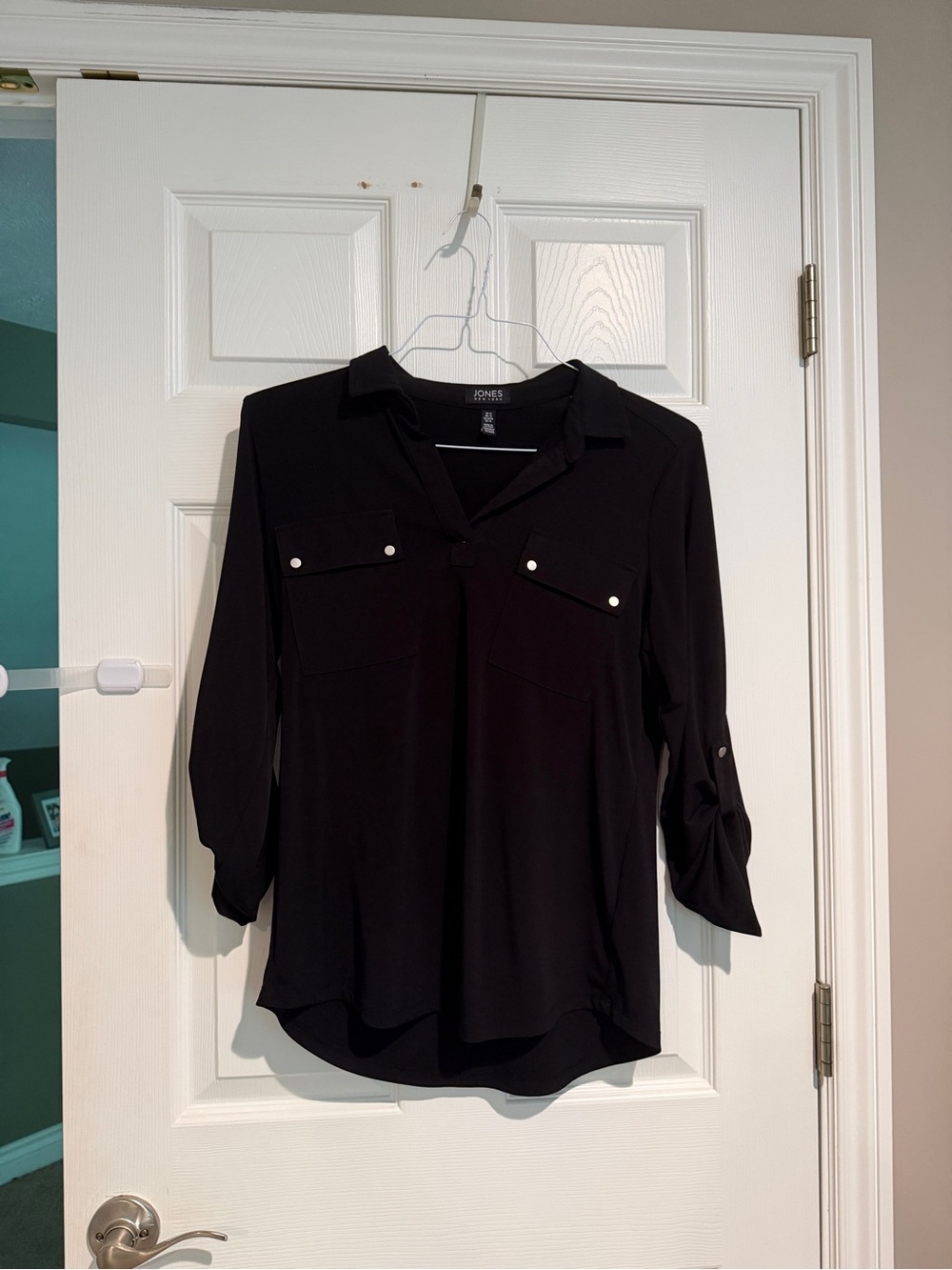 Jones New York Black Roll-Tab V-Neck Shirt with Chest Flaps